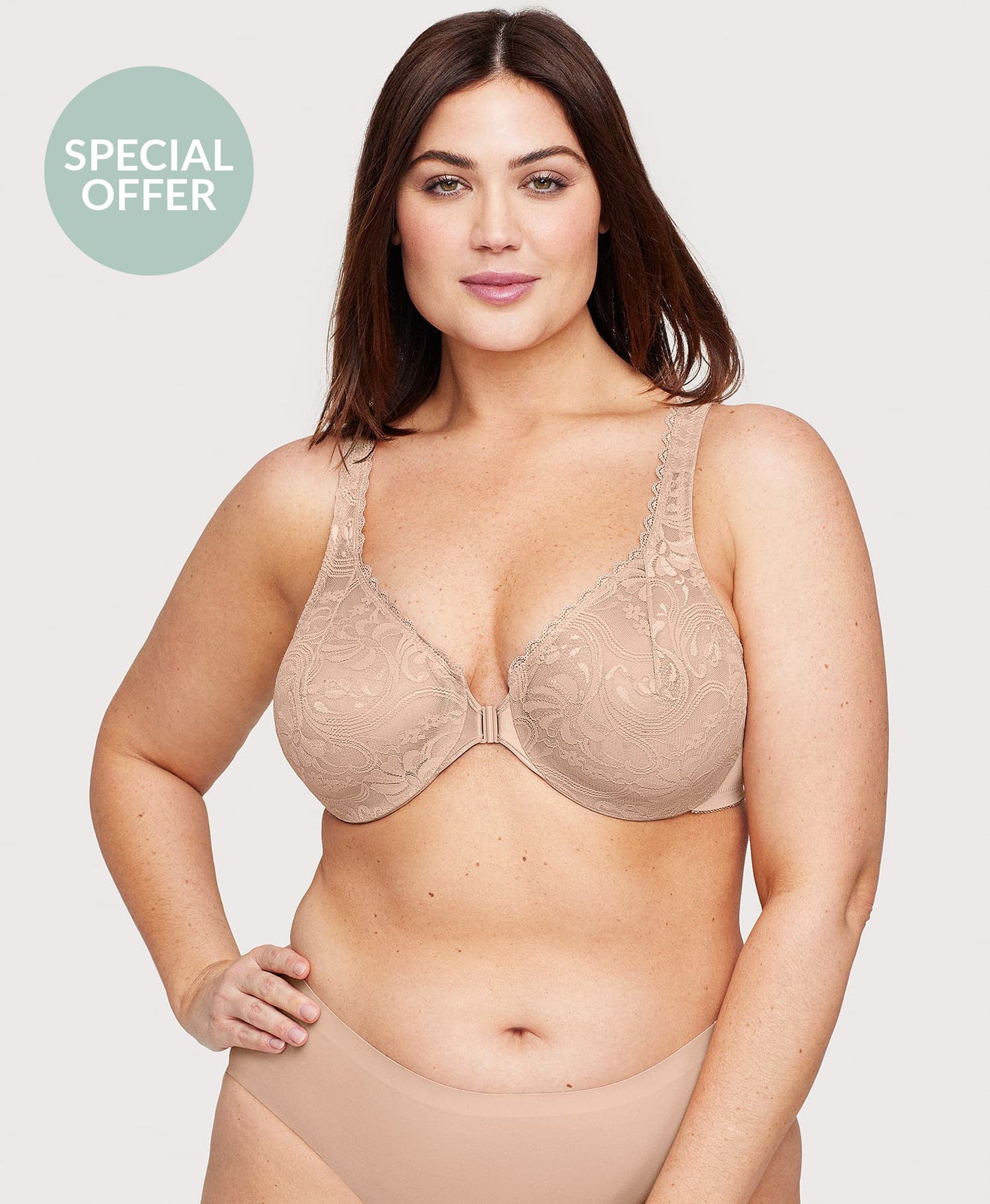 Front-Closure Stretch Lace WonderWire Bra Cafe