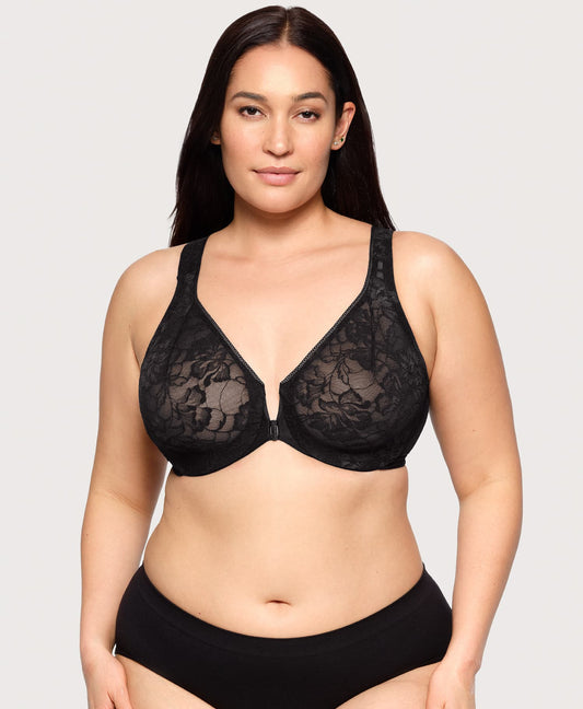 Front-Closure Lacey T-Back WonderWire Bra Solid Black