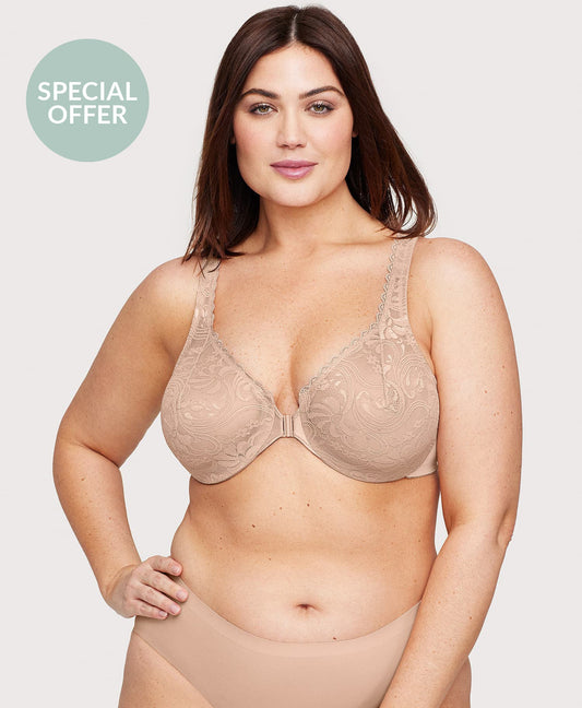 Front-Closure Stretch Lace WonderWire Bra Cafe