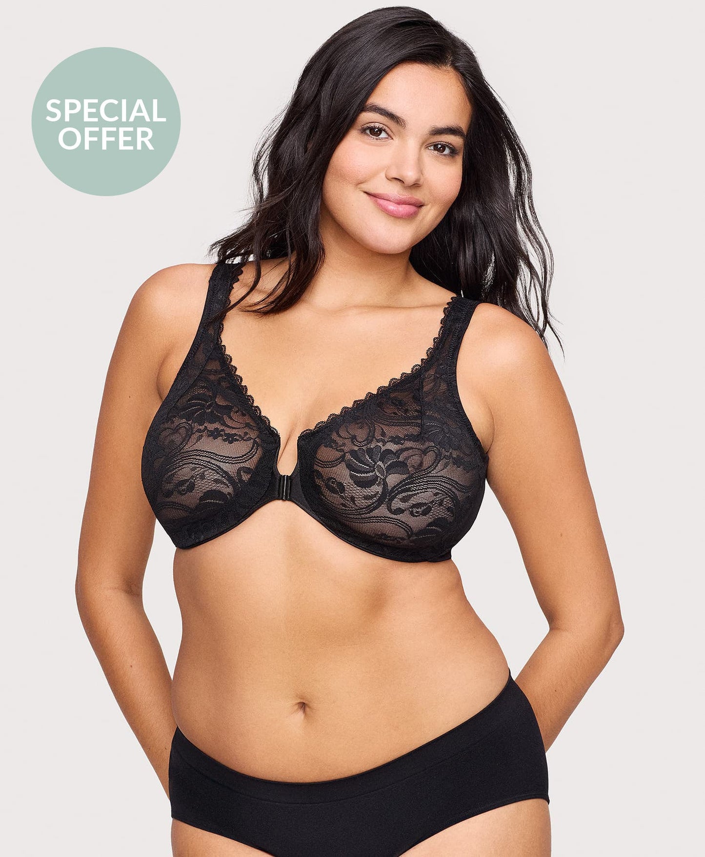 Front-Closure Stretch Lace WonderWire Bra Black