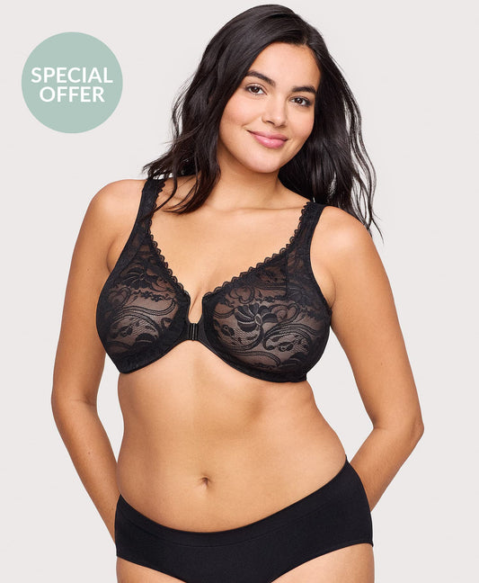 Front-Closure Stretch Lace WonderWire Bra Black