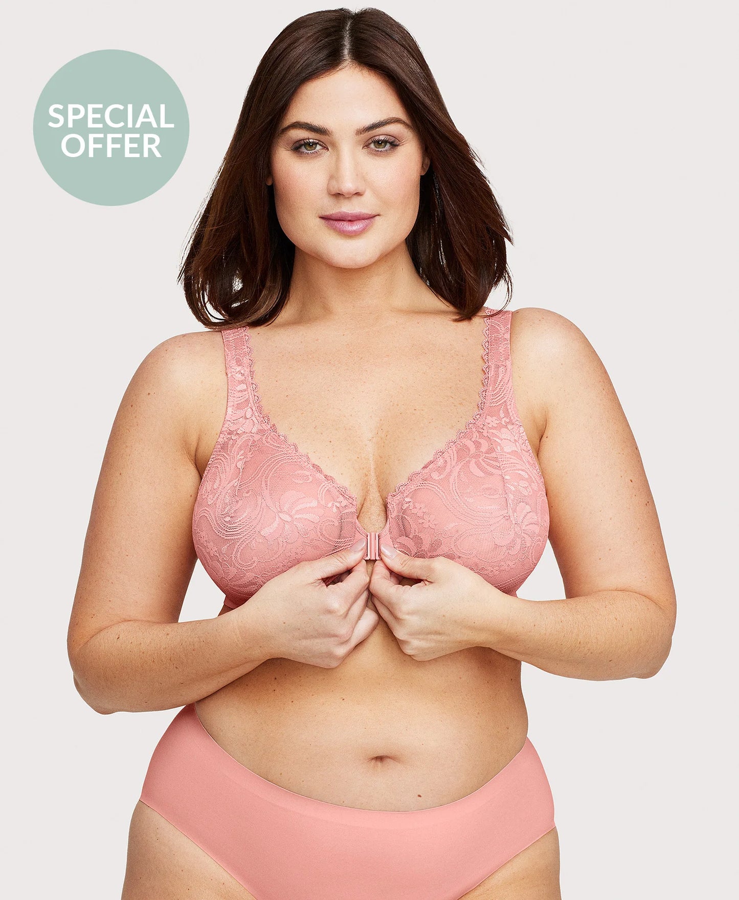 Front-Closure Stretch Lace WonderWire Bra Apricot