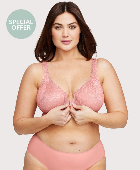 Front-Closure Stretch Lace WonderWire Bra Apricot